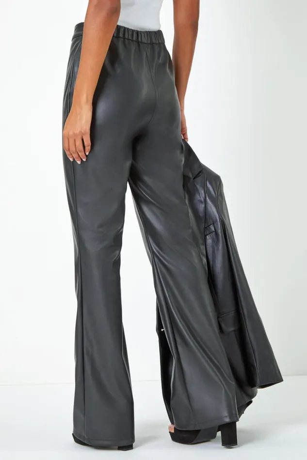 Black Faux Leather Bootcut Stretch Trousers Women Roman Trousers