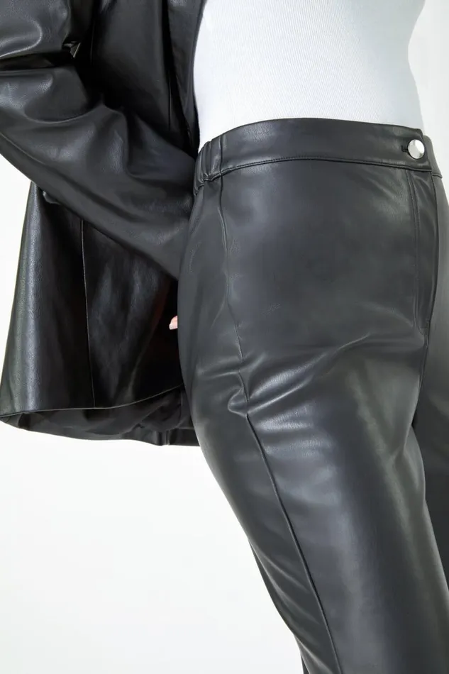 Black Faux Leather Bootcut Stretch Trousers Women Roman Trousers