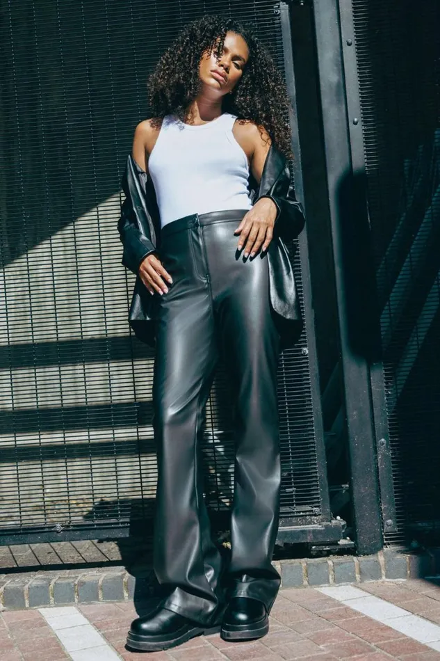 Black Faux Leather Bootcut Stretch Trousers Women Roman Trousers
