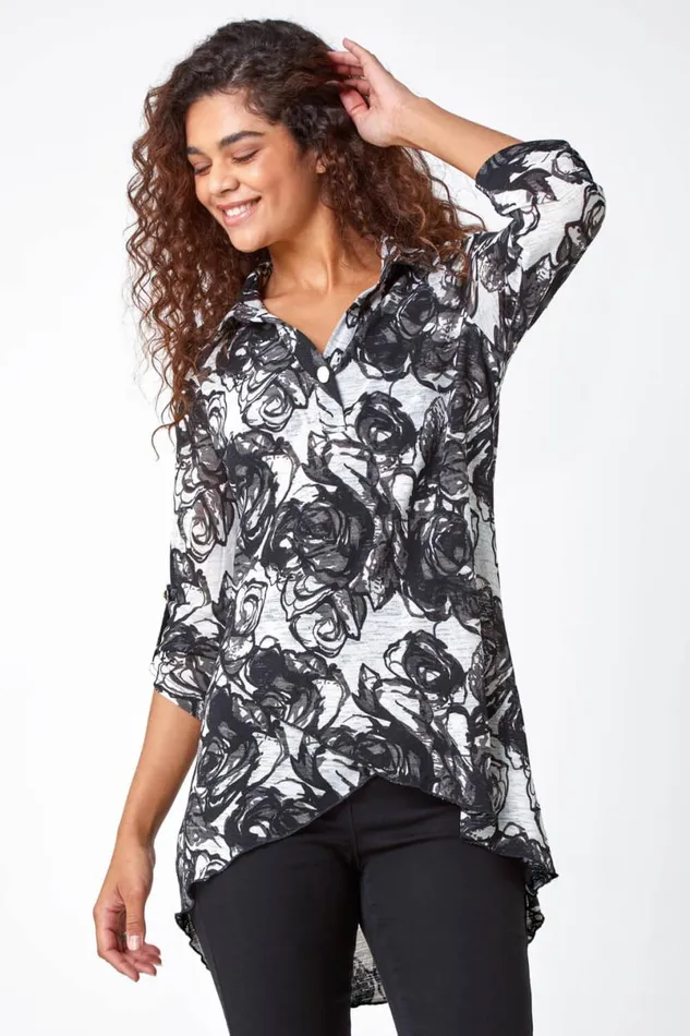 Black Floral Print Collared Stretch Top Women Roman Tops