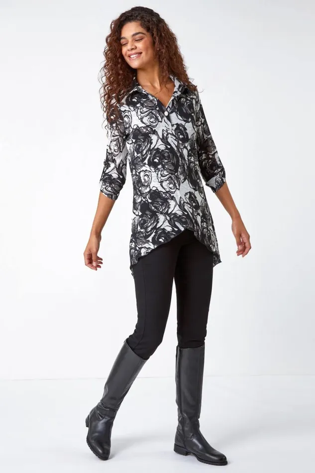 Black Floral Print Collared Stretch Top Women Roman Tops