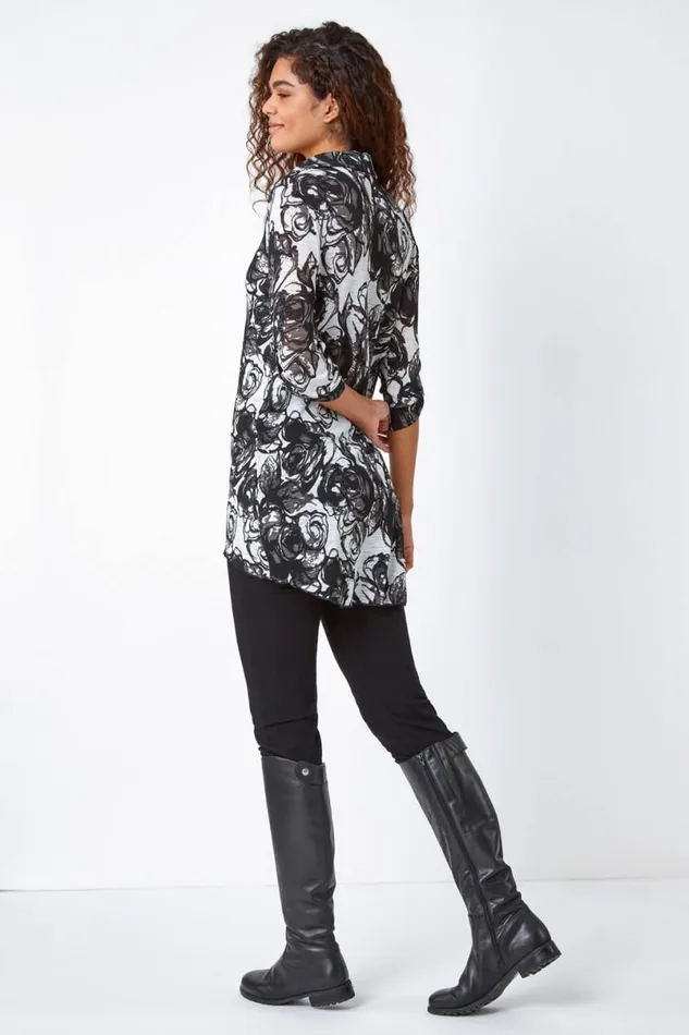 Black Floral Print Collared Stretch Top Women Roman Tops