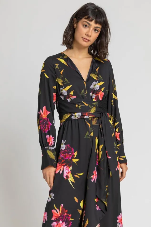 Black Floral Print Maxi Dress Women Roman Dresses