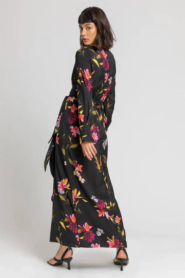 Black Floral Print Maxi Dress Women Roman Dresses