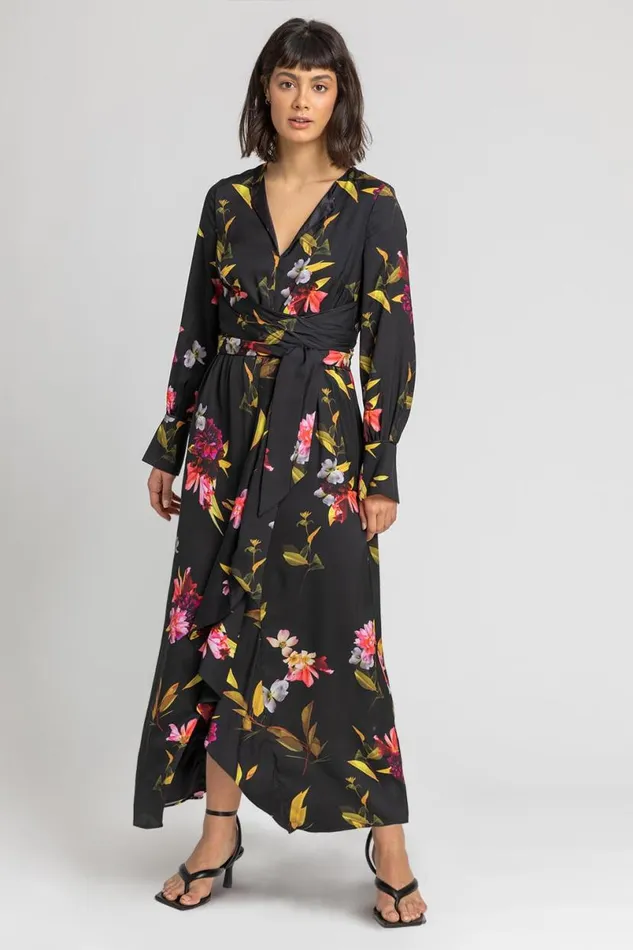Black Floral Print Maxi Dress Women Roman Dresses