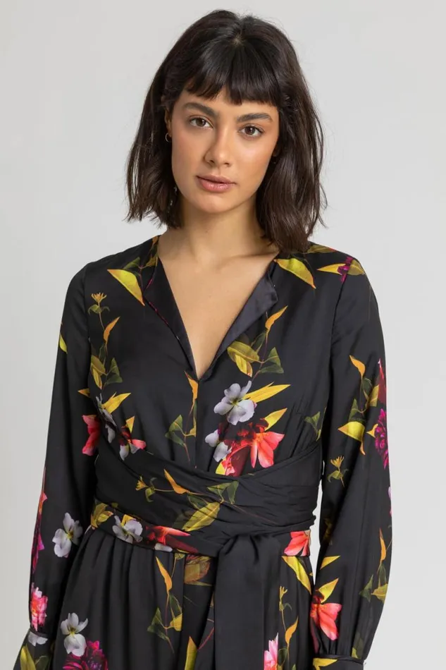 Black Floral Print Maxi Dress Women Roman Dresses