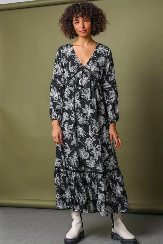 Black Floral Print Tiered Maxi Dress Women Roman Dresses