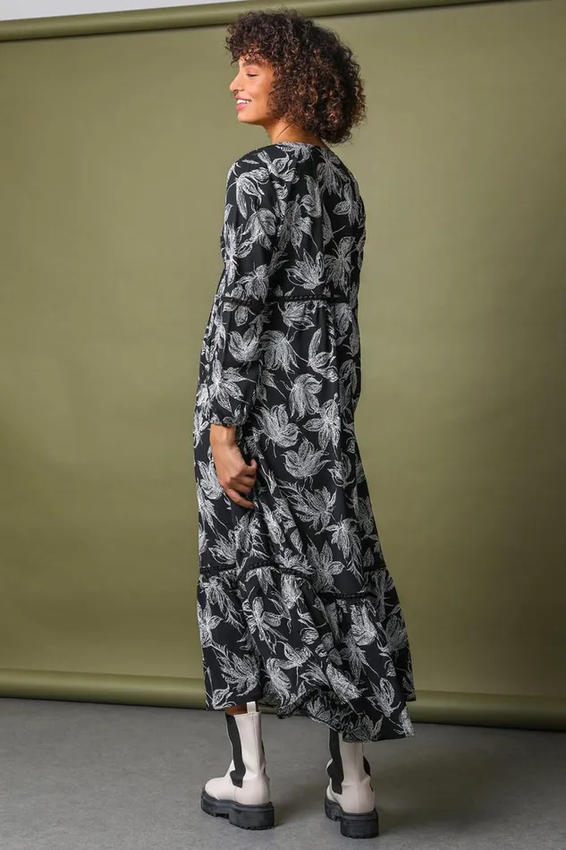 Black Floral Print Tiered Maxi Dress Women Roman Dresses
