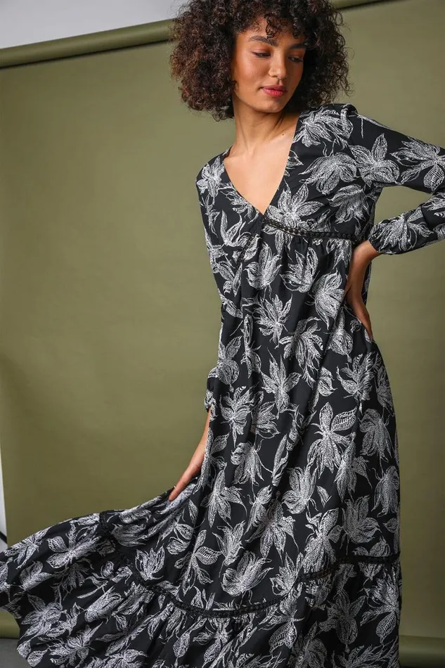 Black Floral Print Tiered Maxi Dress Women Roman Dresses