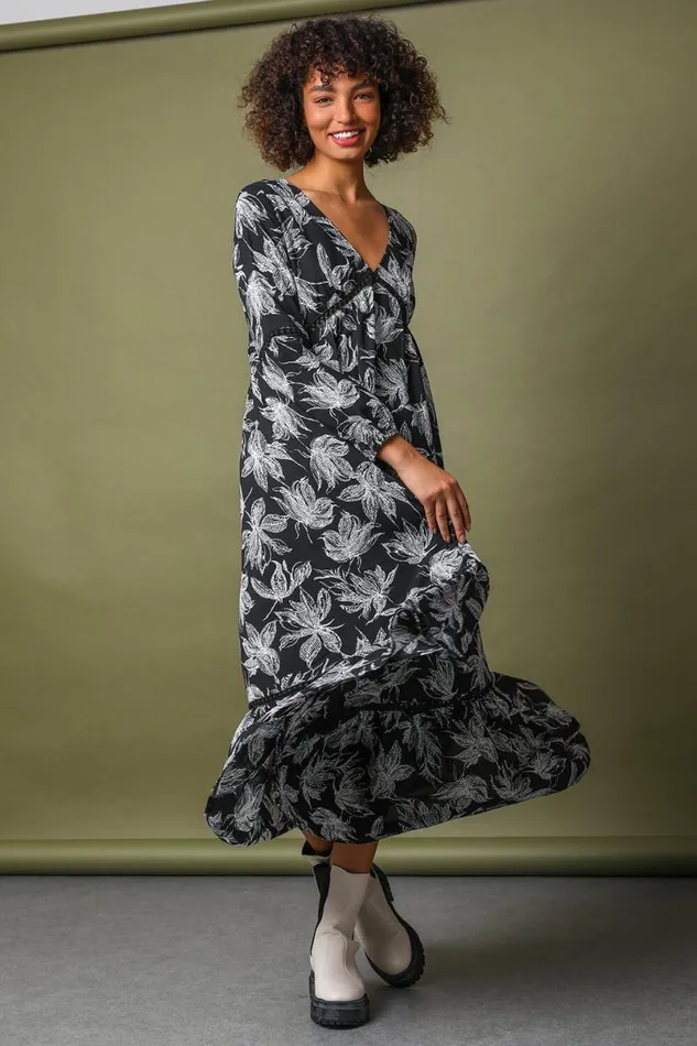Black Floral Print Tiered Maxi Dress Women Roman Dresses