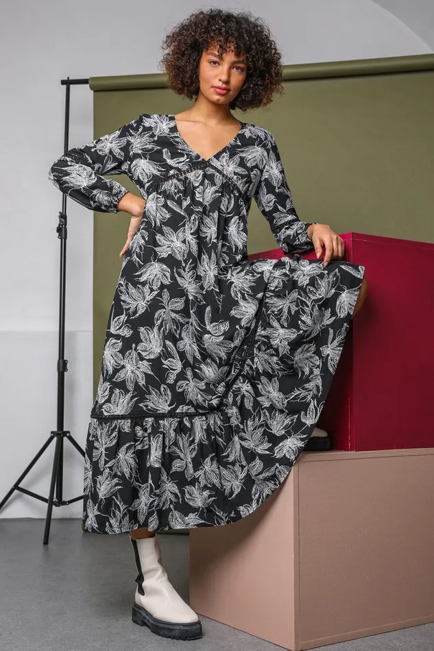 Black Floral Print Tiered Maxi Dress Women Roman Dresses