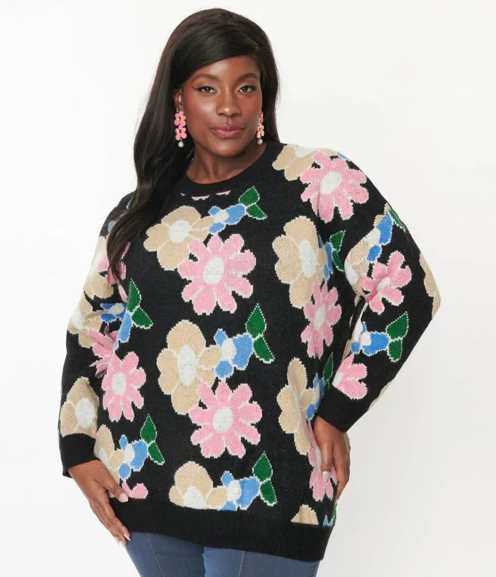 Black Floral Pullover Sweater ClothingPlus Unique Vintage Sweaters and Cardigans