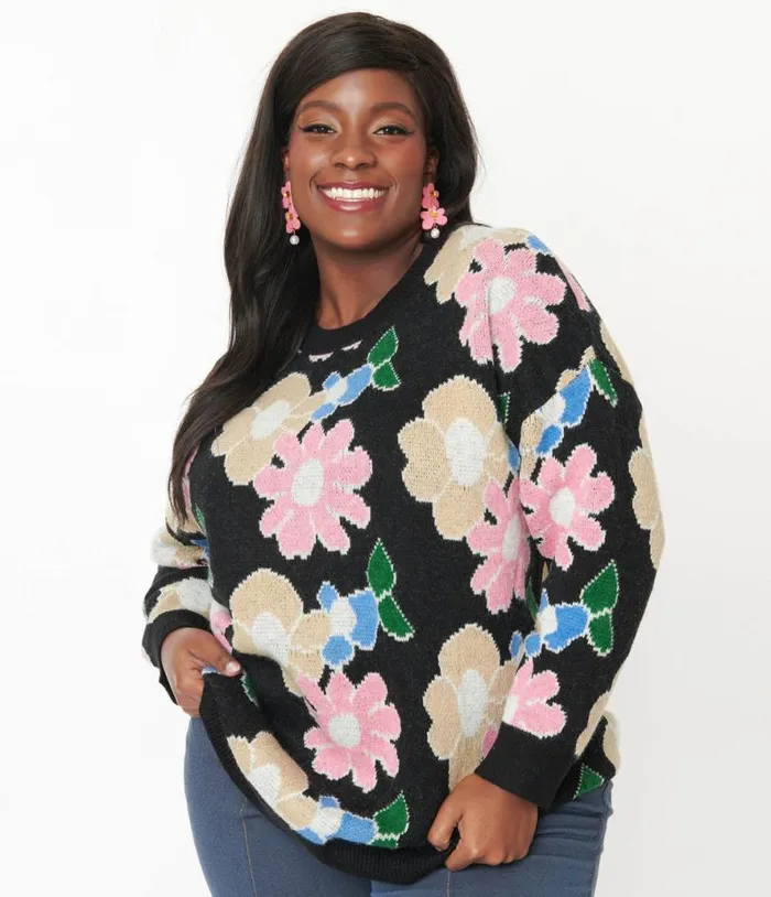 Black Floral Pullover Sweater ClothingPlus Unique Vintage Sweaters and Cardigans
