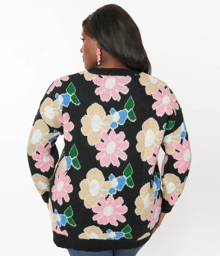 Black Floral Pullover Sweater ClothingPlus Unique Vintage Sweaters and Cardigans