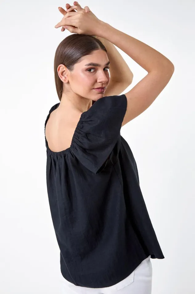 Black Frill Detail Linen Blend Bardot Top Women Roman Tops