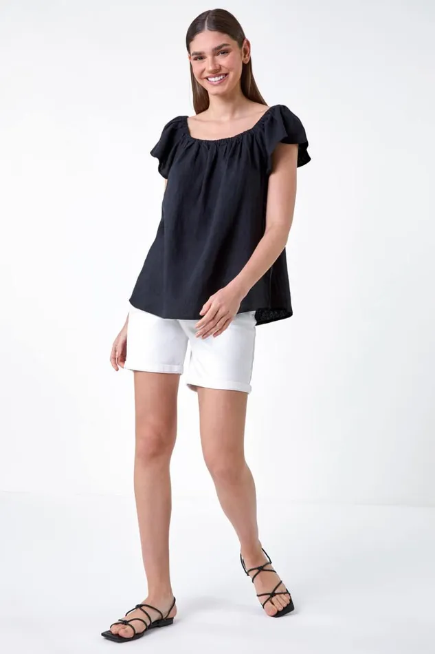 Black Frill Detail Linen Blend Bardot Top Women Roman Tops
