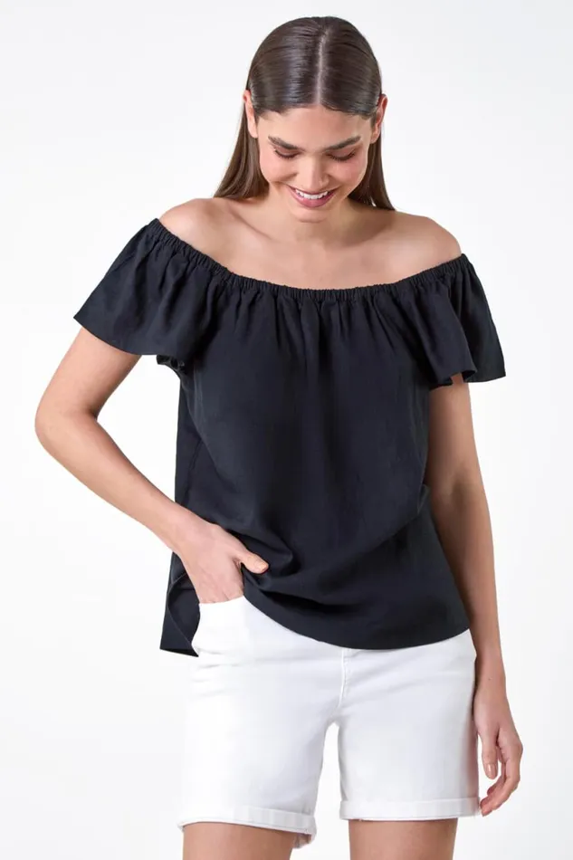 Black Frill Detail Linen Blend Bardot Top Women Roman Tops