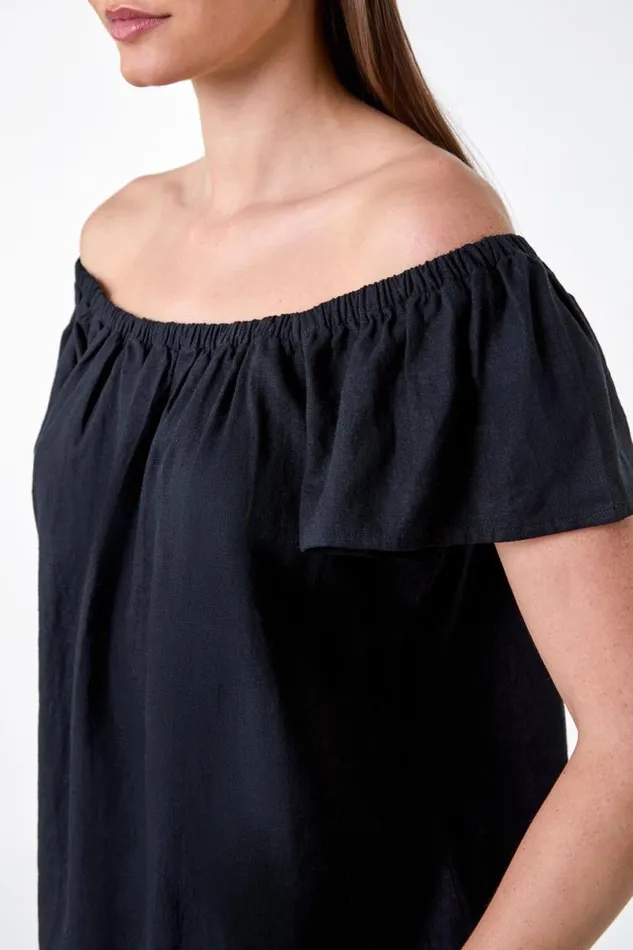 Black Frill Detail Linen Blend Bardot Top Women Roman Tops