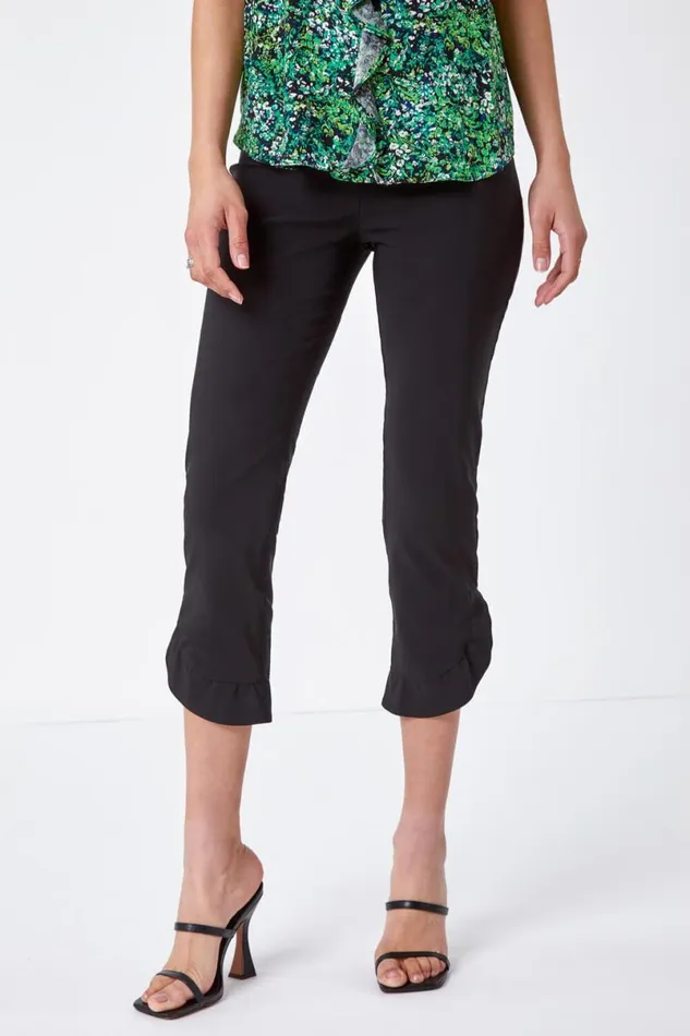 Black Frill Hem Stretch Cropped Trousers Women Roman Trousers