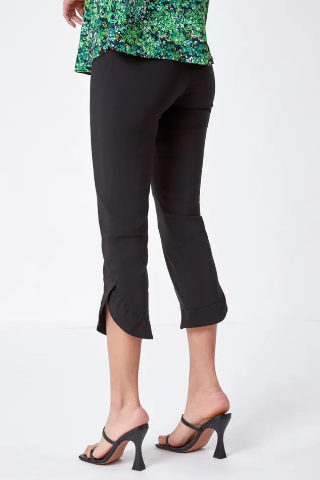 Black Frill Hem Stretch Cropped Trousers Women Roman Trousers