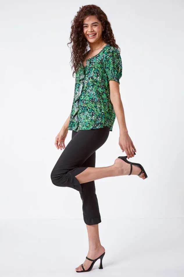 Black Frill Hem Stretch Cropped Trousers Women Roman Trousers