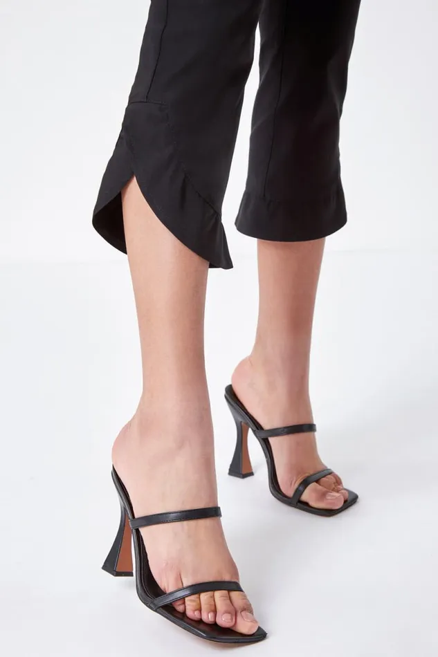 Black Frill Hem Stretch Cropped Trousers Women Roman Trousers