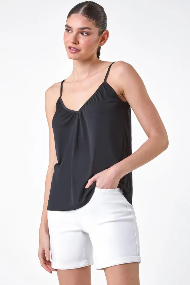 Black Gathered VNeck Stretch Vest Top Women Roman Tops