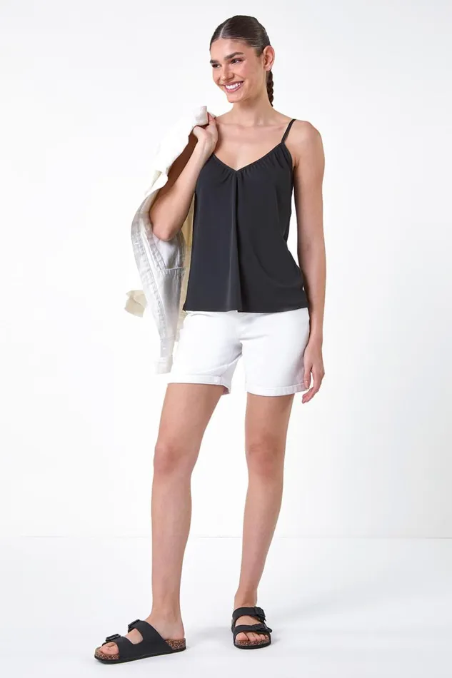 Black Gathered VNeck Stretch Vest Top Women Roman Tops