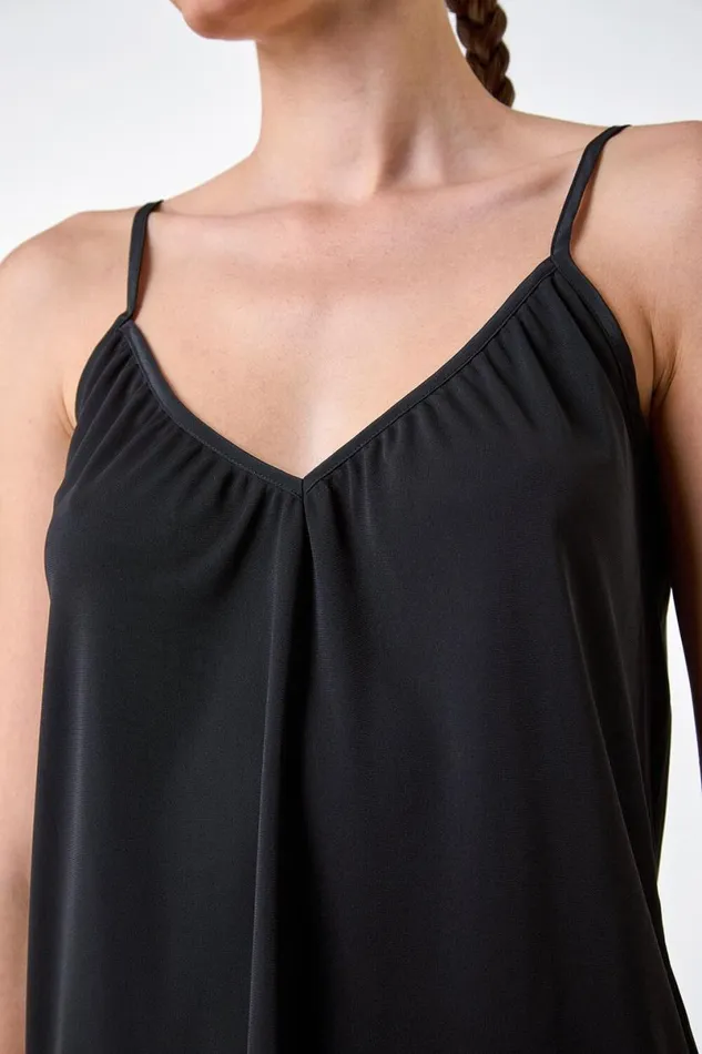Black Gathered VNeck Stretch Vest Top Women Roman Tops