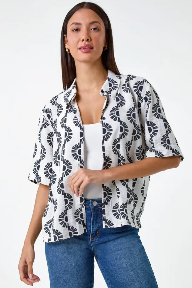 Black Geometric Print Button Shirt Women Roman Tops