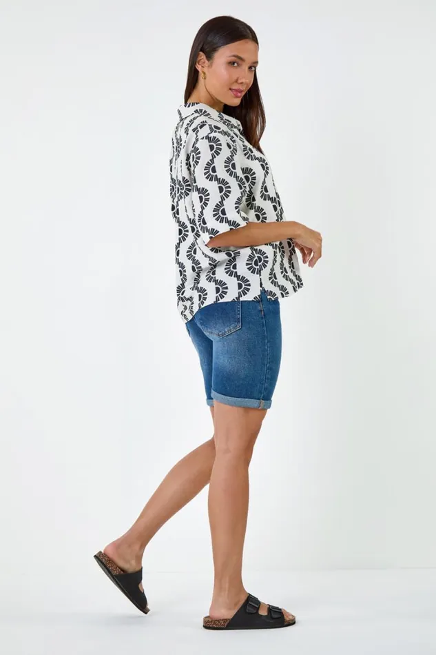 Black Geometric Print Button Shirt Women Roman Tops