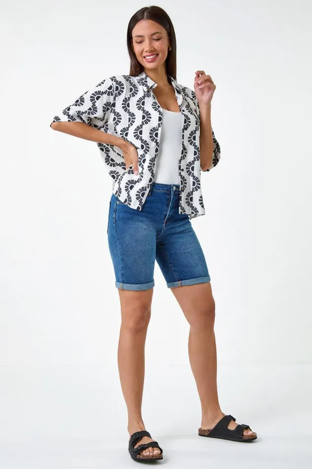 Black Geometric Print Button Shirt Women Roman Tops