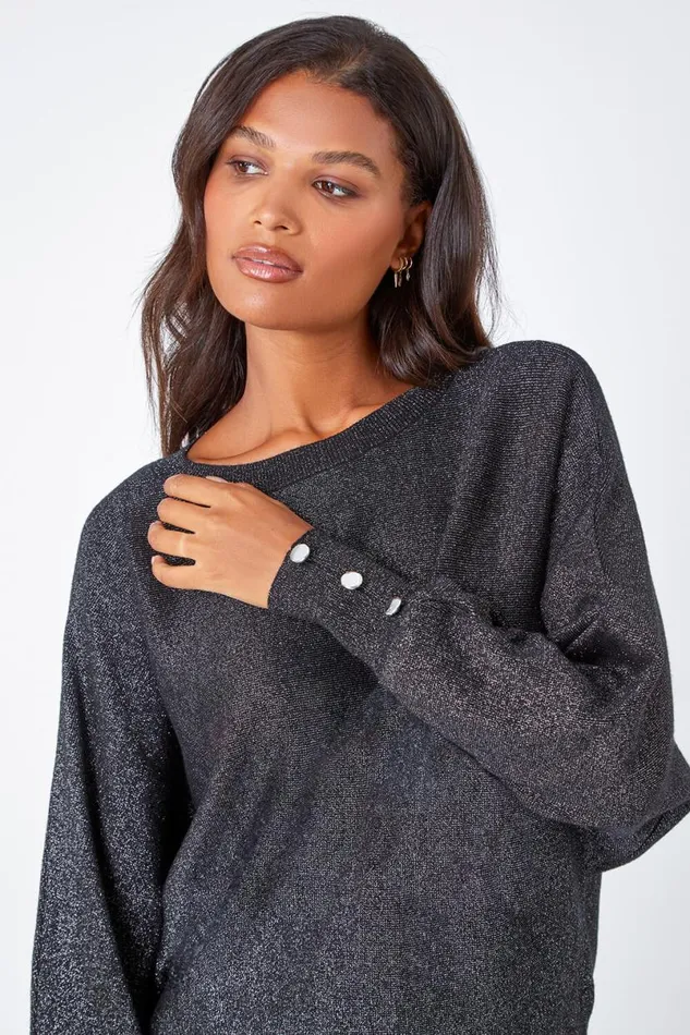 Black Glitter Button Cuff Jumper Women Roman Knitwear