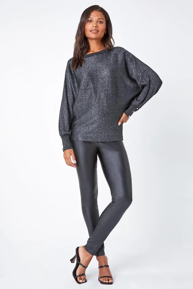 Black Glitter Button Cuff Jumper Women Roman Knitwear