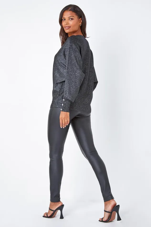 Black Glitter Button Cuff Jumper Women Roman Knitwear