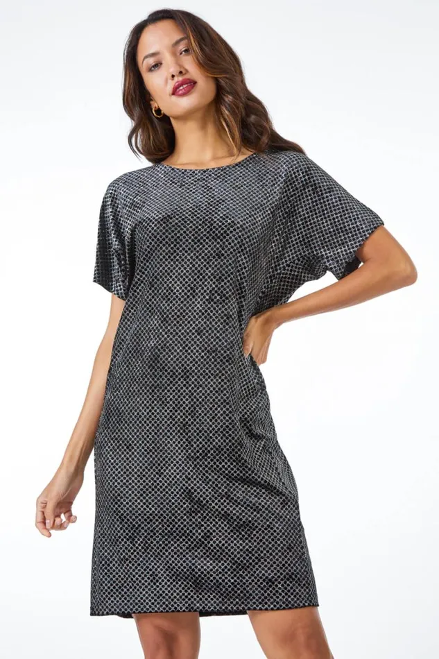 Black Glitter Spot Stretch Shift Dress Women Roman Dresses