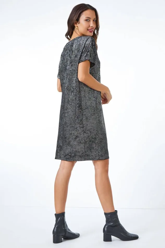 Black Glitter Spot Stretch Shift Dress Women Roman Dresses