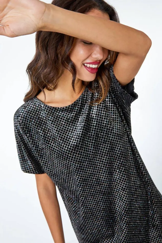 Black Glitter Spot Stretch Shift Dress Women Roman Dresses