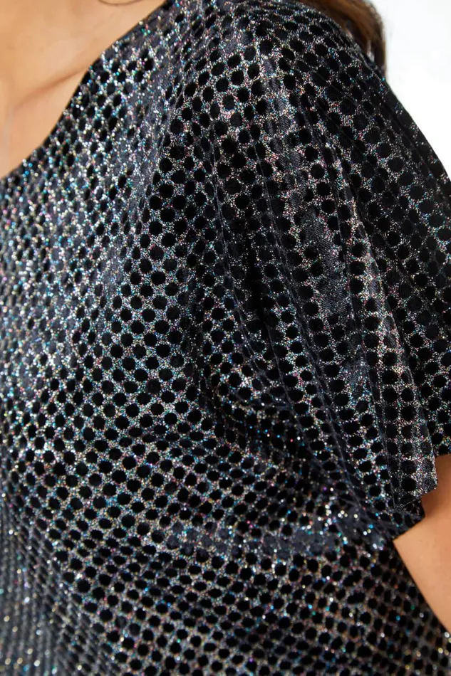Black Glitter Spot Stretch Shift Dress Women Roman Dresses