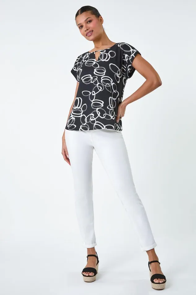 Black Keyhole Detail Abstract Print Top Women Roman Tops