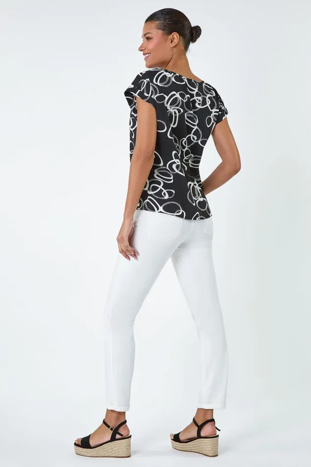 Black Keyhole Detail Abstract Print Top Women Roman Tops