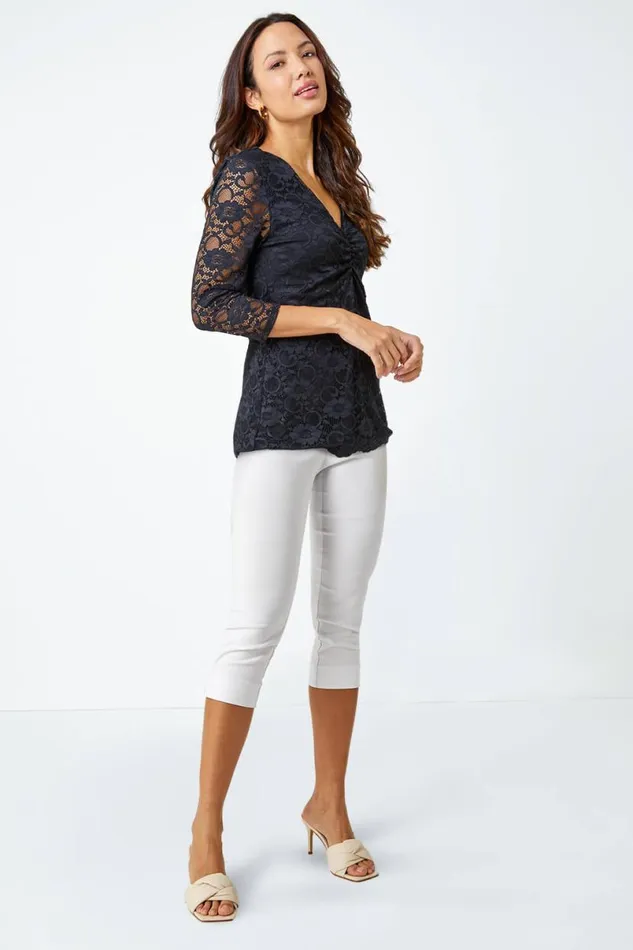 Black Lace VNeck Scallop Hem Top Women Roman Tops