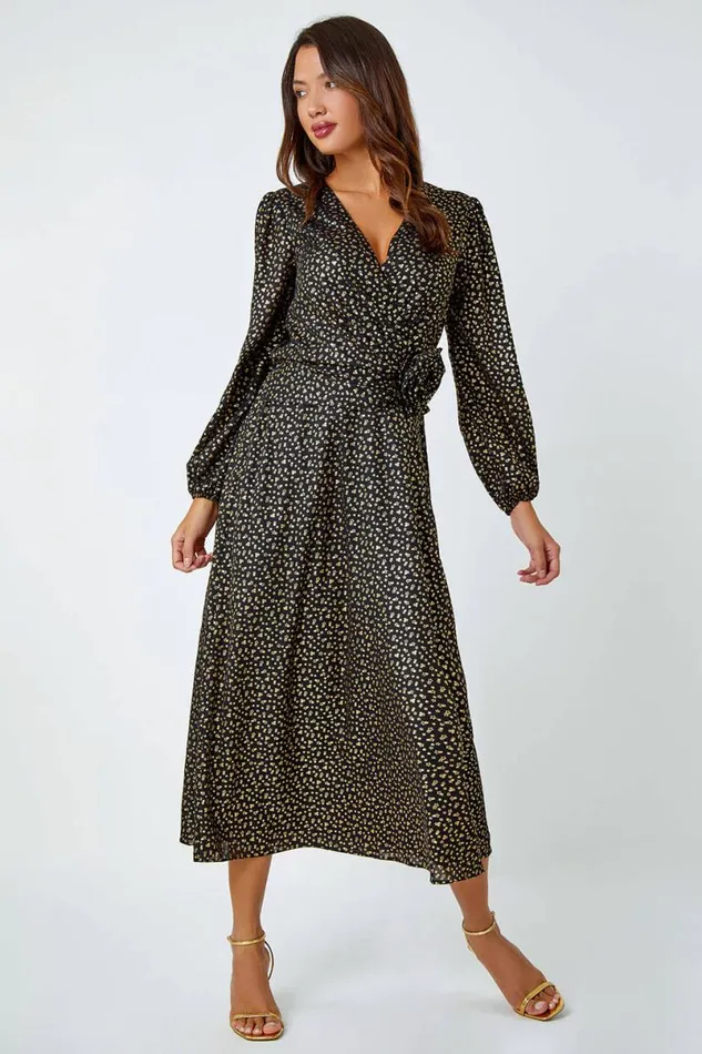 Black Metallic Star Print Corsage Midi Wrap Dress Women Roman Dresses