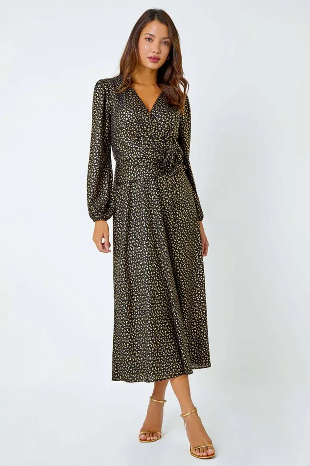 Black Metallic Star Print Corsage Midi Wrap Dress Women Roman Dresses