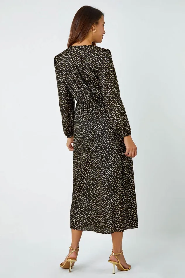 Black Metallic Star Print Corsage Midi Wrap Dress Women Roman Dresses