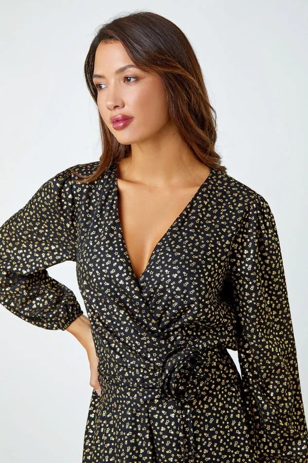 Black Metallic Star Print Corsage Midi Wrap Dress Women Roman Dresses