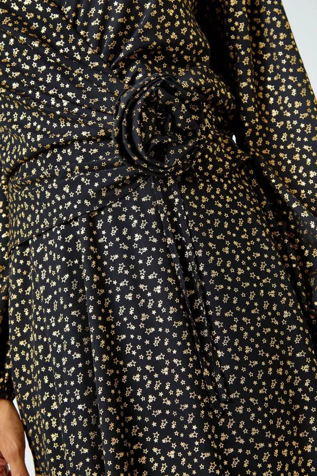 Black Metallic Star Print Corsage Midi Wrap Dress Women Roman Dresses