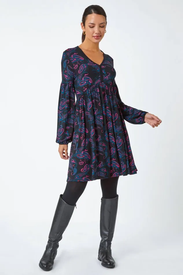 Black Paisley Print Stretch Jersey Dress Women Roman Dresses