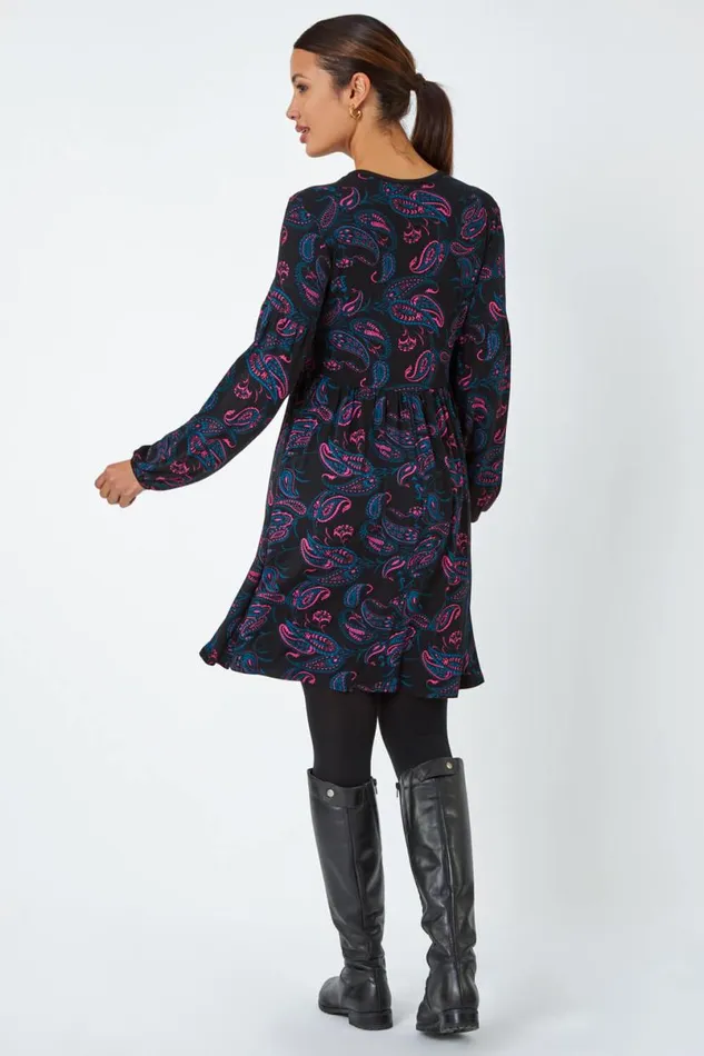 Black Paisley Print Stretch Jersey Dress Women Roman Dresses