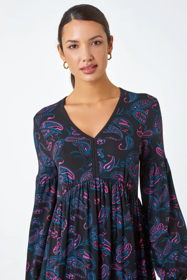 Black Paisley Print Stretch Jersey Dress Women Roman Dresses